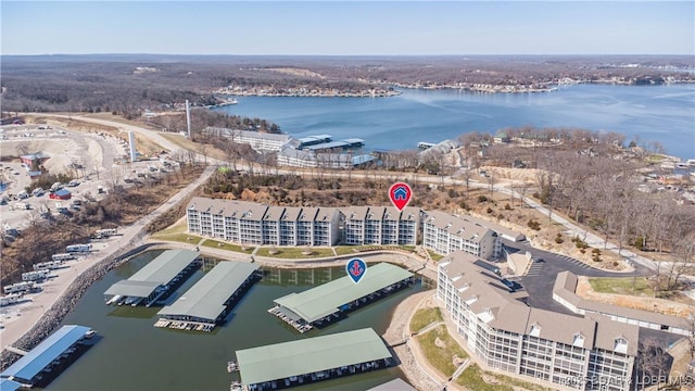 bird's eye view with a water view