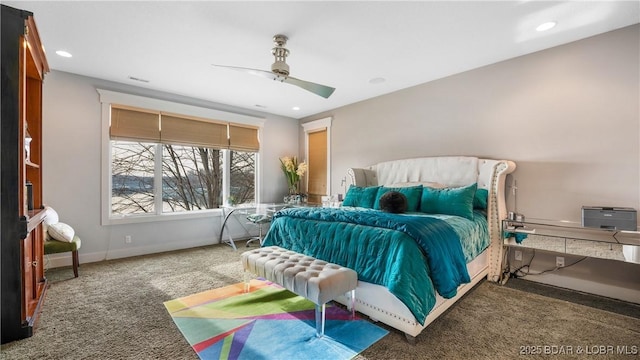 bedroom featuring visible vents, recessed lighting, carpet floors, baseboards, and ceiling fan