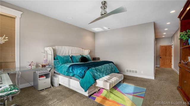 bedroom with visible vents, baseboards, carpet, ceiling fan, and recessed lighting