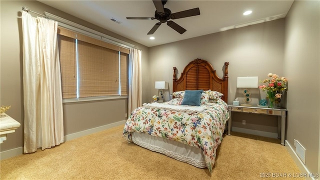 bedroom featuring visible vents, recessed lighting, carpet, and baseboards