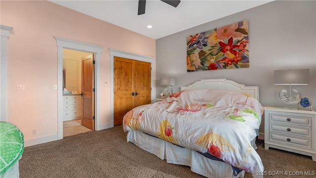 carpeted bedroom featuring a closet, recessed lighting, a ceiling fan, and baseboards