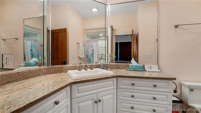 bathroom featuring vanity, toilet, and a shower with curtain