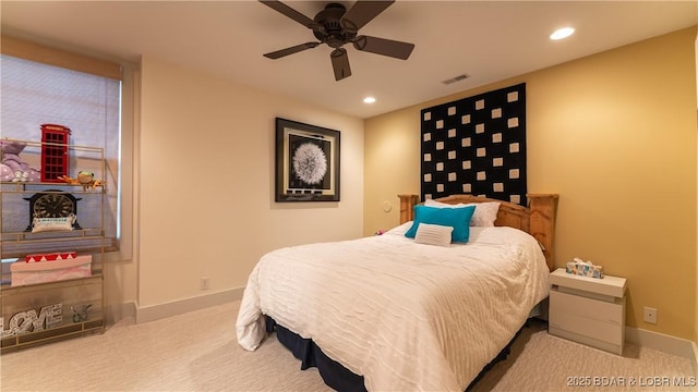 carpeted bedroom with visible vents, recessed lighting, and baseboards