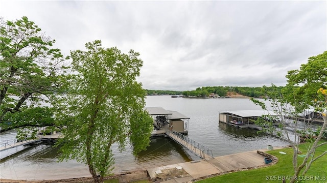 view of dock with a water view