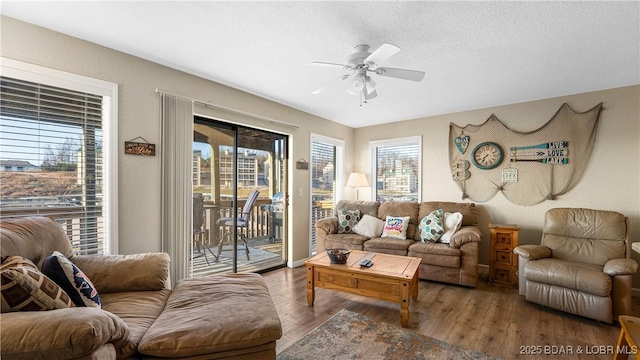 living room with a textured ceiling, ceiling fan, and wood finished floors