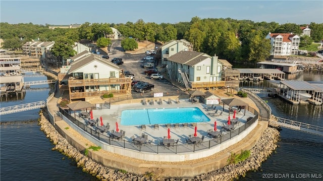 bird's eye view with a water view