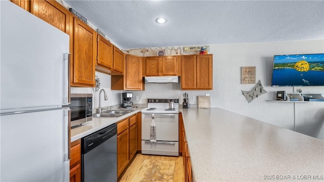 kitchen with under cabinet range hood, a sink, a textured ceiling, appliances with stainless steel finishes, and brown cabinetry