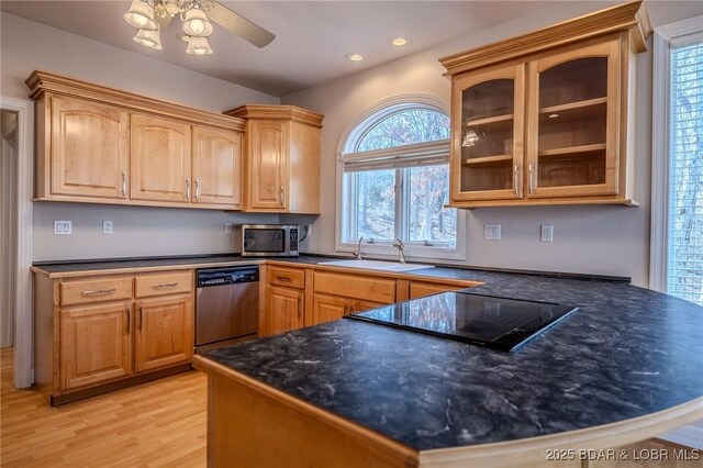 kitchen with dark countertops, glass insert cabinets, light wood-type flooring, appliances with stainless steel finishes, and a sink