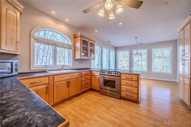 kitchen with a sink, stainless steel appliances, a peninsula, glass insert cabinets, and ceiling fan