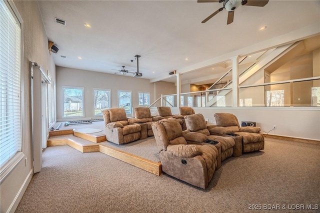 interior space with recessed lighting, visible vents, carpet floors, and ceiling fan