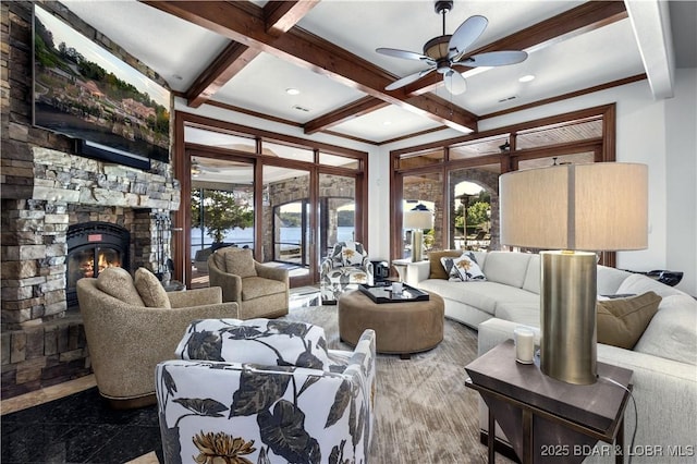 living area with beamed ceiling, a healthy amount of sunlight, and a ceiling fan