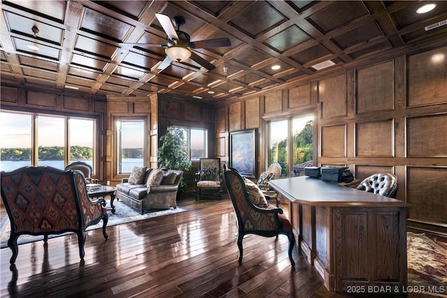 home office featuring coffered ceiling, wood walls, dark wood-style flooring, and a decorative wall