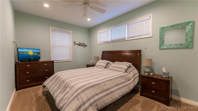 carpeted bedroom with recessed lighting, a ceiling fan, and baseboards