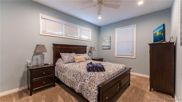 carpeted bedroom with recessed lighting, a ceiling fan, and baseboards