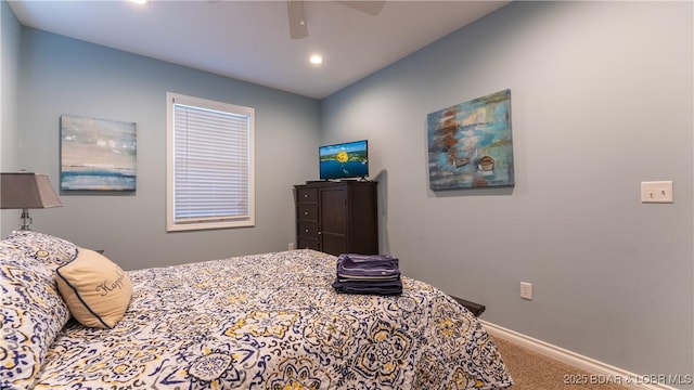 bedroom featuring recessed lighting, a ceiling fan, baseboards, and carpet floors