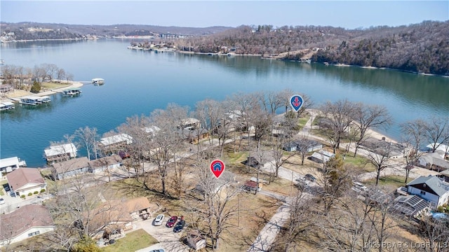 drone / aerial view with a water view