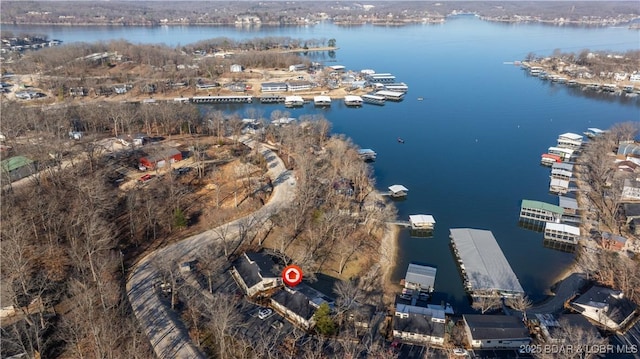 drone / aerial view featuring a water view