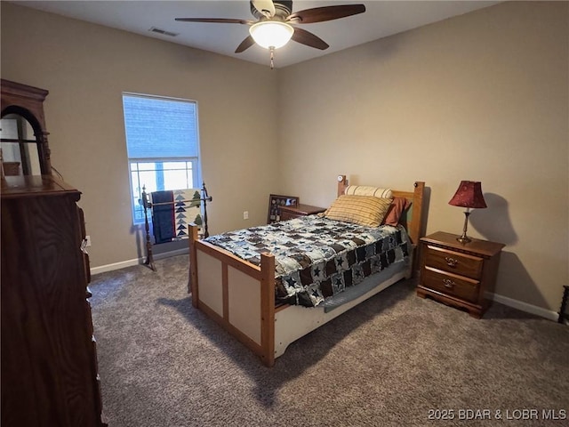 bedroom featuring visible vents, baseboards, carpet, and ceiling fan