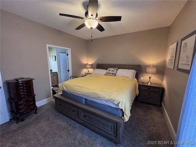 carpeted bedroom with ceiling fan, baseboards, and ensuite bath