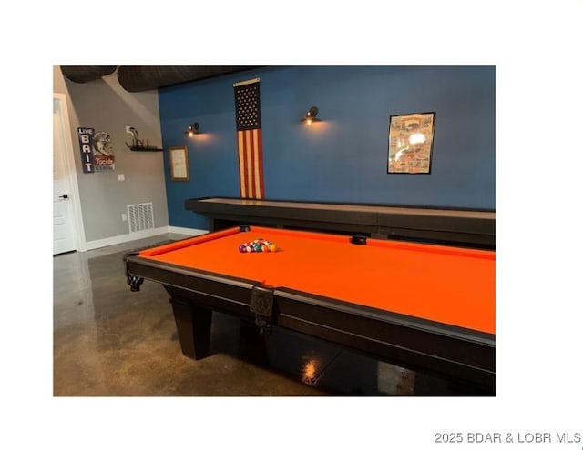 playroom with billiards, finished concrete flooring, visible vents, and baseboards