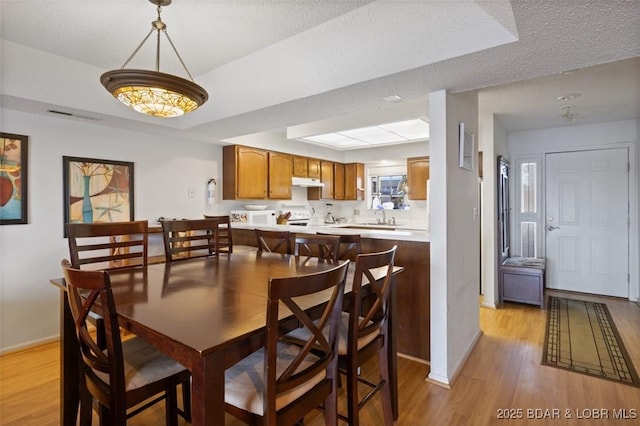 dining space featuring a tray ceiling, baseboards, a textured ceiling, and light wood finished floors