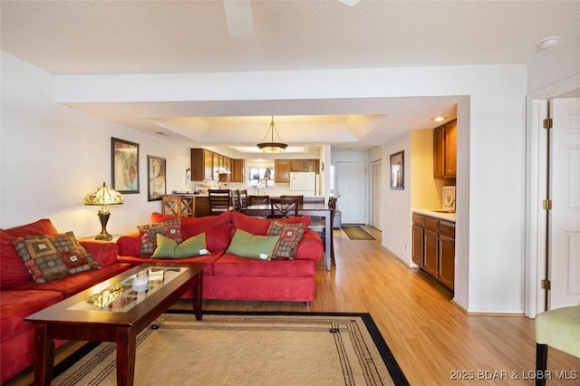 living room with light wood-type flooring, a tray ceiling, and a textured ceiling