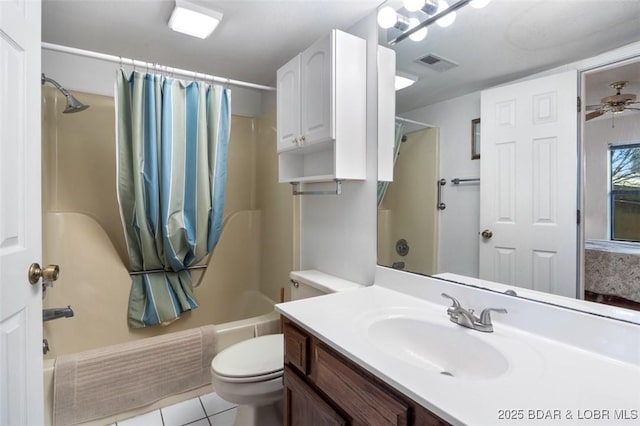 full bath with visible vents, shower / tub combo with curtain, toilet, tile patterned flooring, and vanity