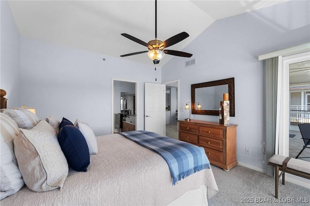 bedroom with visible vents, baseboards, light colored carpet, lofted ceiling, and access to outside