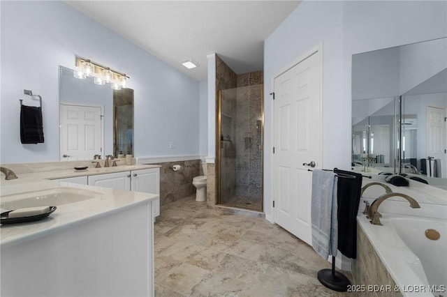 372 W Palisades Condo Dr Unit 4A, Lake Ozark, MO 65049 - bathroom featuring a shower stall, toilet, vanity, a bath, and tile walls