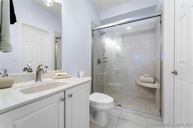 bathroom featuring vanity, toilet, a shower stall, and tile patterned flooring