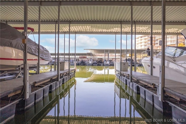 view of dock featuring boat lift and a water view