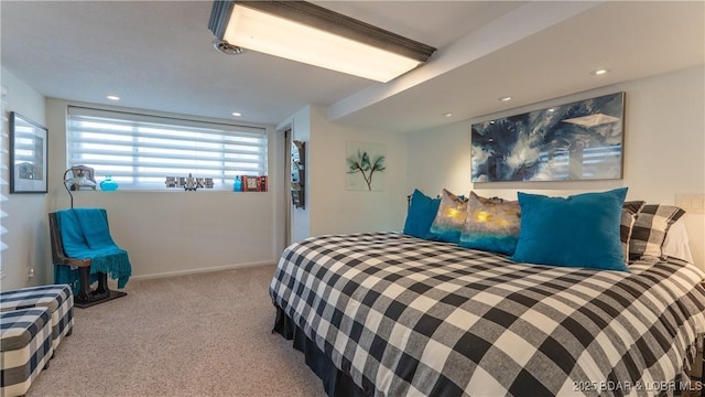 bedroom with carpet flooring, recessed lighting, and baseboards