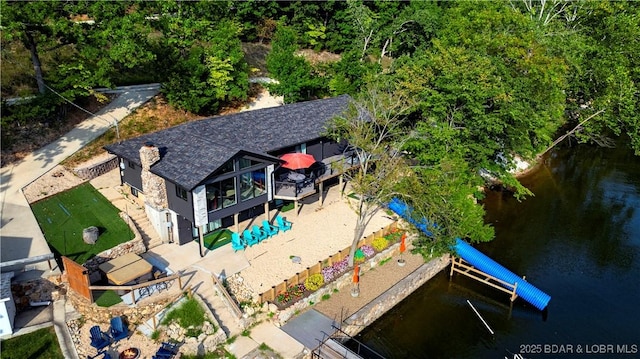 drone / aerial view featuring a water view