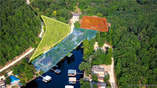 birds eye view of property featuring a forest view and a water view