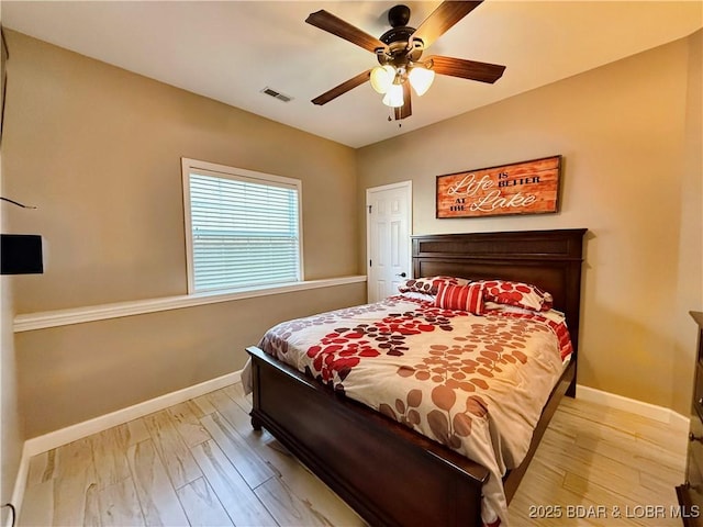 bedroom with ceiling fan, visible vents, baseboards, and light wood-type flooring