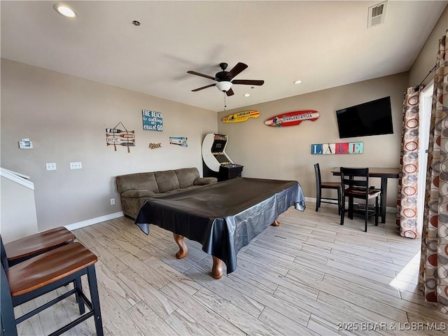 game room with billiards, a ceiling fan, baseboards, and wood tiled floor