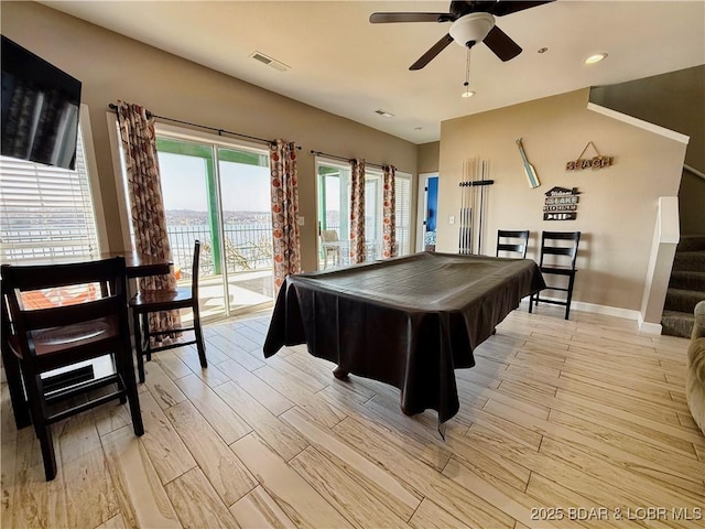 game room featuring visible vents, a ceiling fan, light wood-style floors, pool table, and baseboards