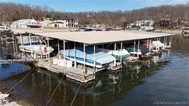 dock area with boat lift and a water view