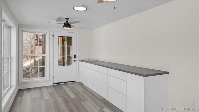 doorway featuring light wood-style flooring and ceiling fan