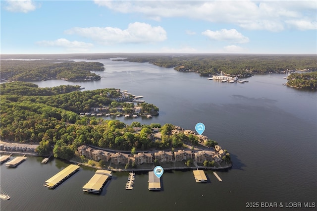 aerial view featuring a water view