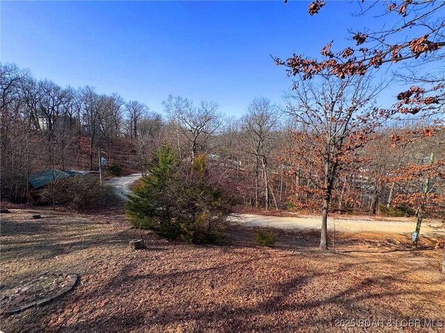 view of yard featuring a forest view