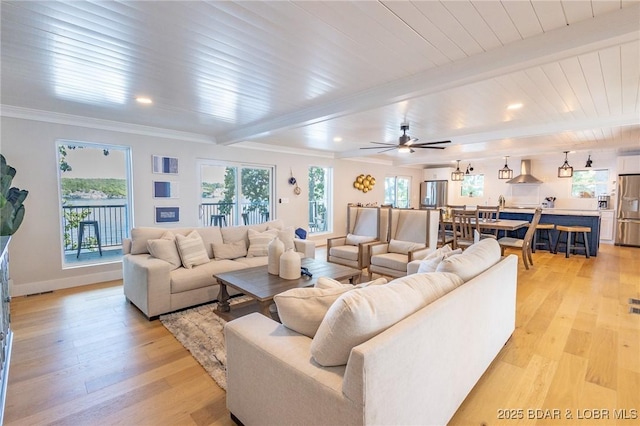 living area featuring beam ceiling, a healthy amount of sunlight, and light wood finished floors