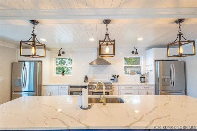 5885 Baydy Peak Rd, Osage Beach, MO 65065 - kitchen with appliances with stainless steel finishes, white cabinets, wood ceiling with exposed beams, light stone countertops, and recessed lighting