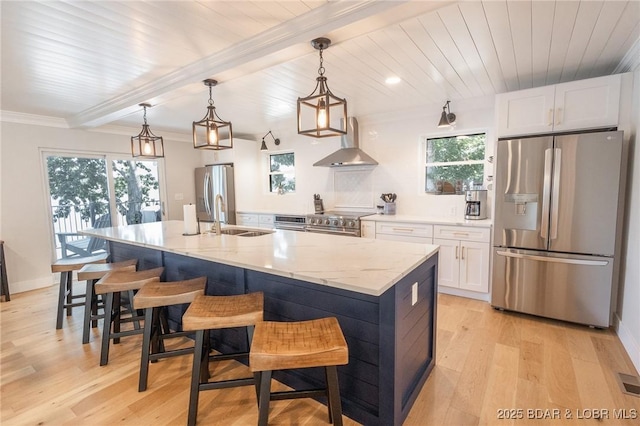 kitchen featuring beam ceiling, wall chimney range hood, white cabinetry, stainless steel appliances, and light wood finished floors