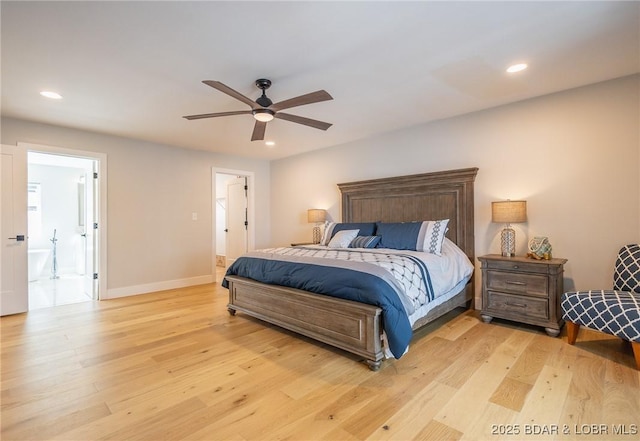 5885 Baydy Peak Rd, Osage Beach, MO 65065 - bedroom with light wood finished floors, recessed lighting, baseboards, a ceiling fan, and ensuite bath