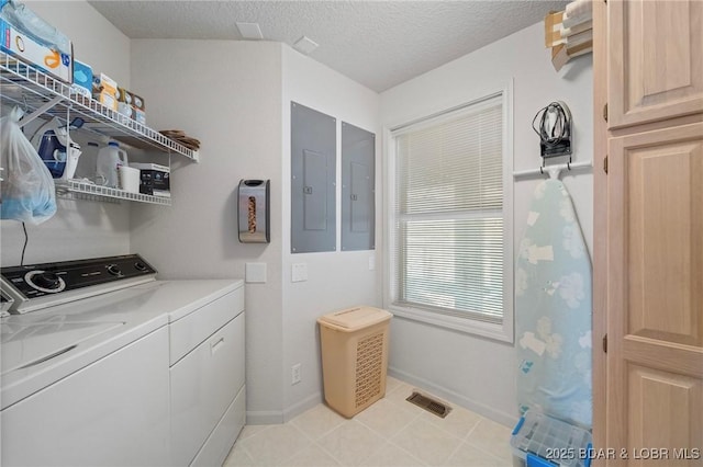 washroom featuring visible vents, laundry area, electric panel, a textured ceiling, and independent washer and dryer