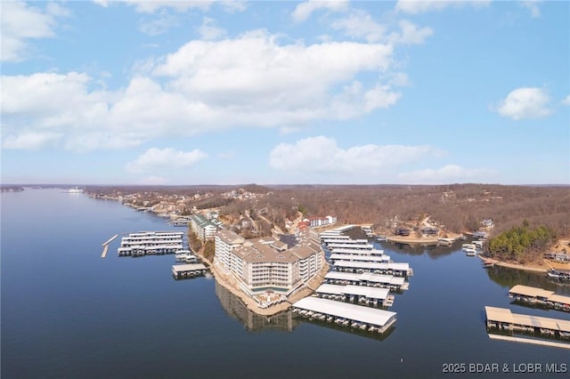 birds eye view of property featuring a water view