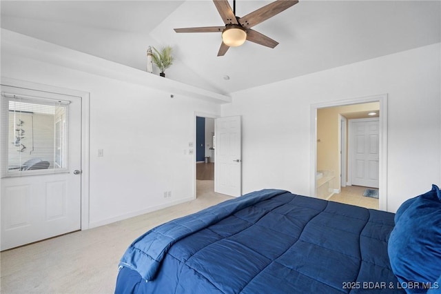 bedroom with baseboards, light colored carpet, ceiling fan, and vaulted ceiling