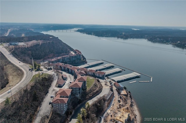 aerial view featuring a water view