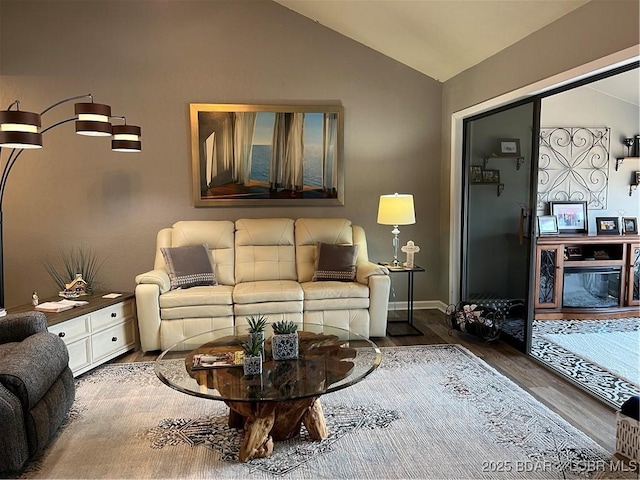 living room featuring lofted ceiling and wood finished floors